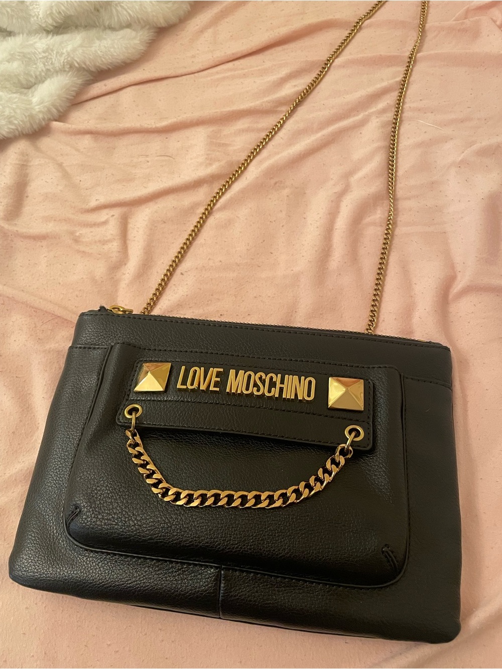 Love Moschino Black Leather Shoulder Bag with Gold Hardware